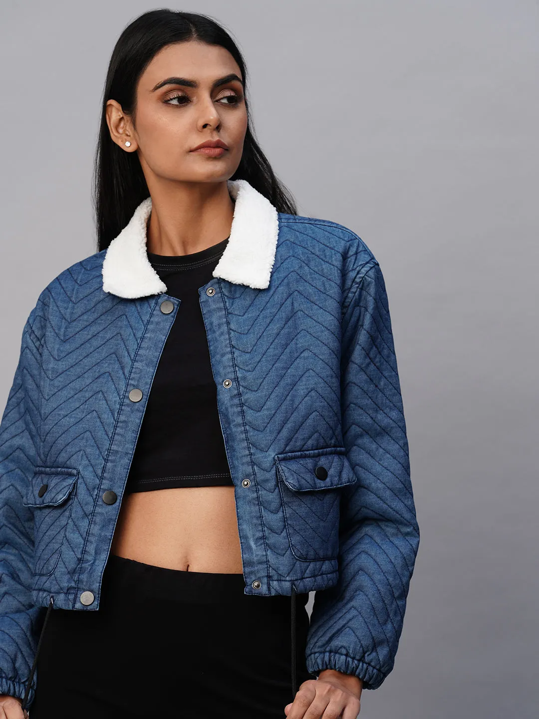 Quilted Denim Lined Bomber W/ Snap Buttons & Sherpa Collar