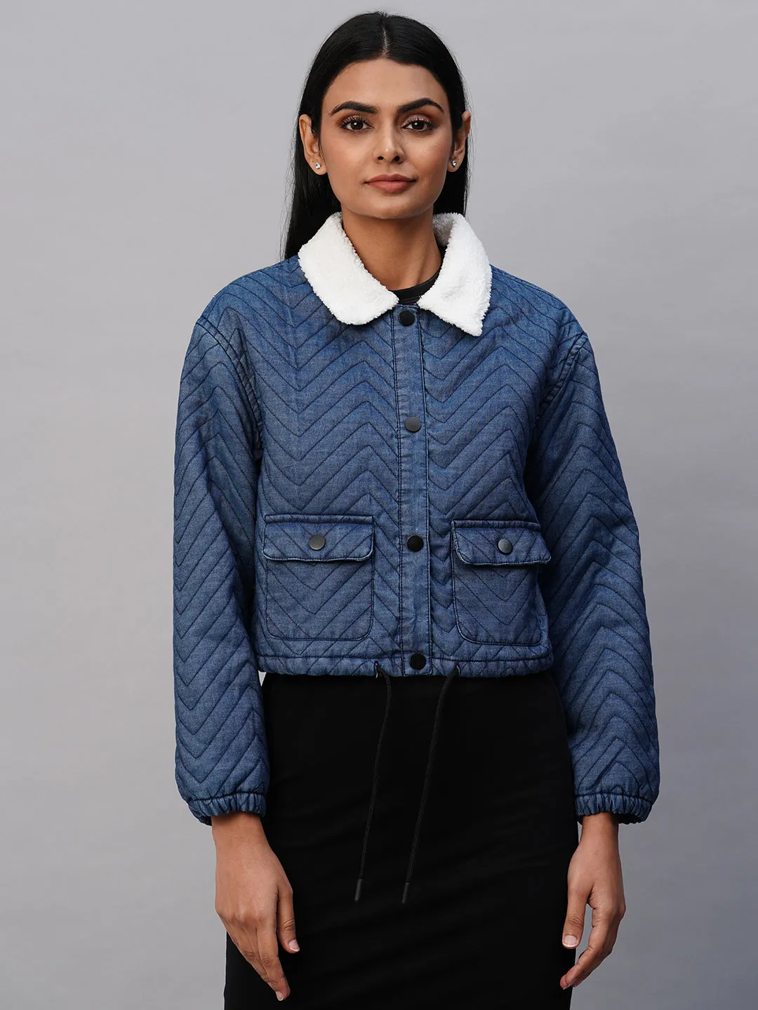Quilted Denim Lined Bomber W/ Snap Buttons & Sherpa Collar