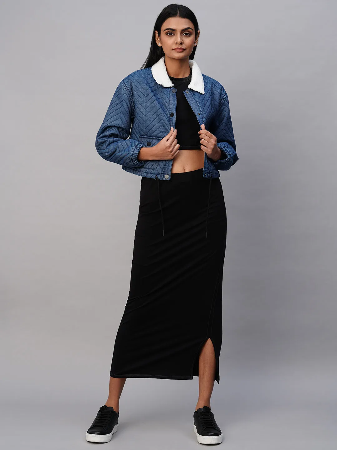 Quilted Denim Lined Bomber W/ Snap Buttons & Sherpa Collar