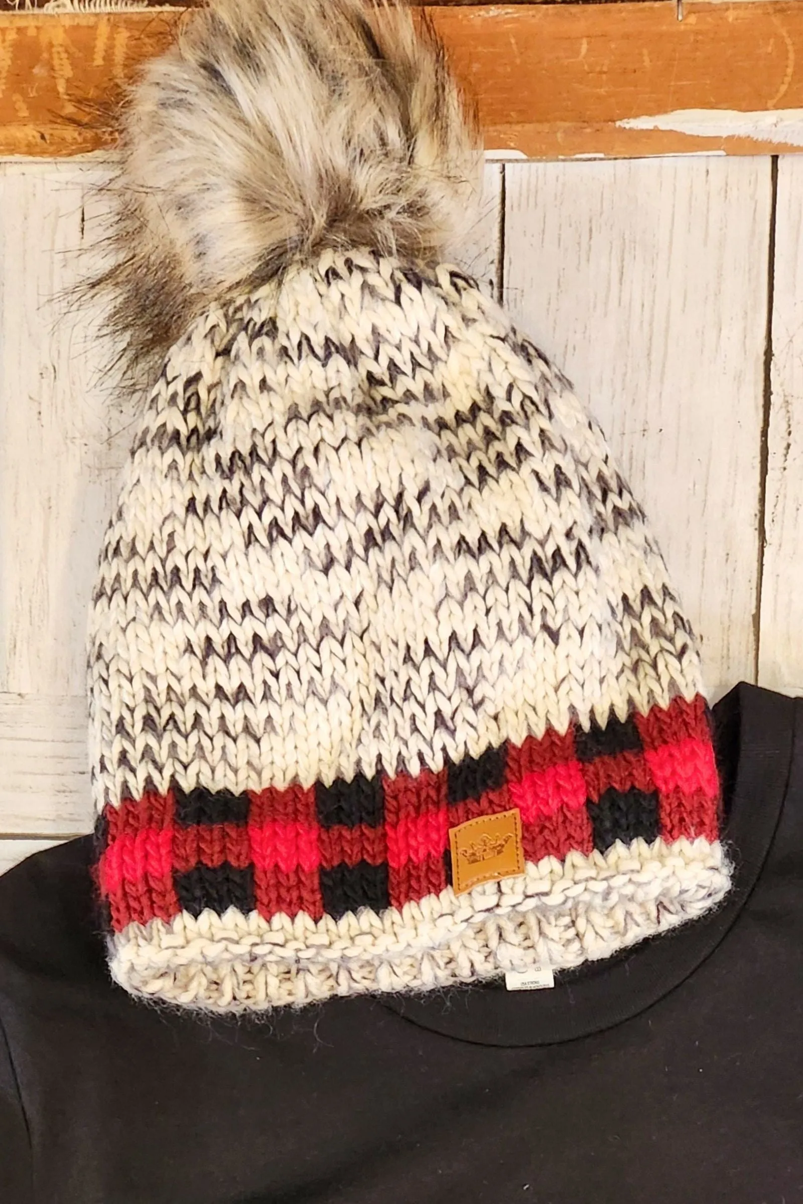 Red Buffalo Plaid Fur Pom Beanie