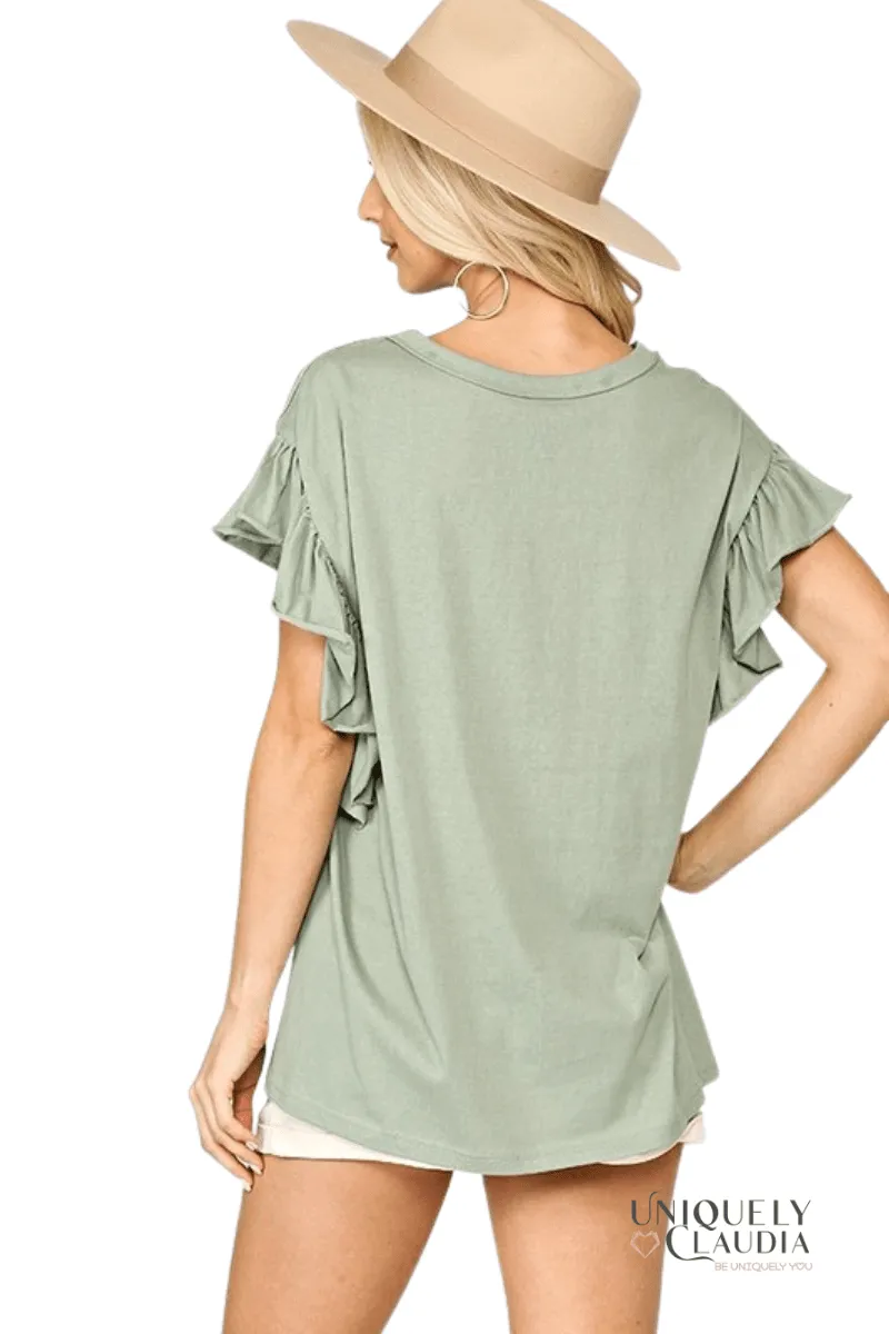 Roxane Solid Slub Cotton Knit Shoulder Flutter Sleeve Top