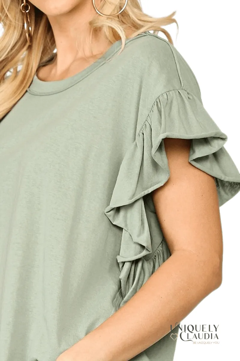 Roxane Solid Slub Cotton Knit Shoulder Flutter Sleeve Top