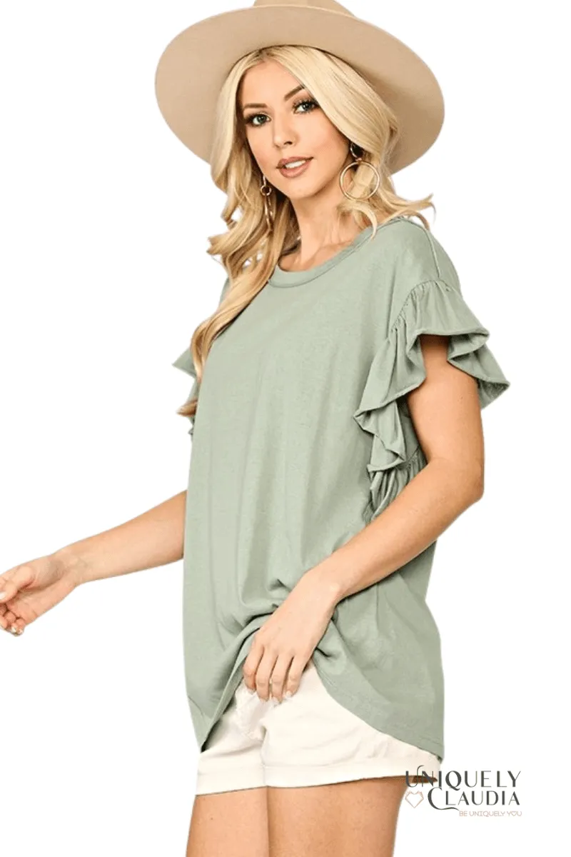 Roxane Solid Slub Cotton Knit Shoulder Flutter Sleeve Top