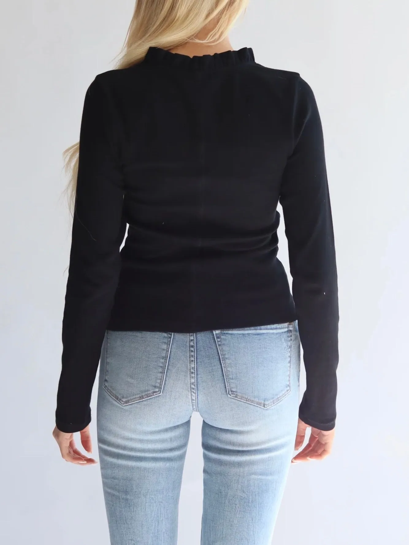Ruffle Neck Ribbed Top - Black