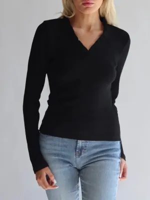 Ruffle Neck Ribbed Top - Black