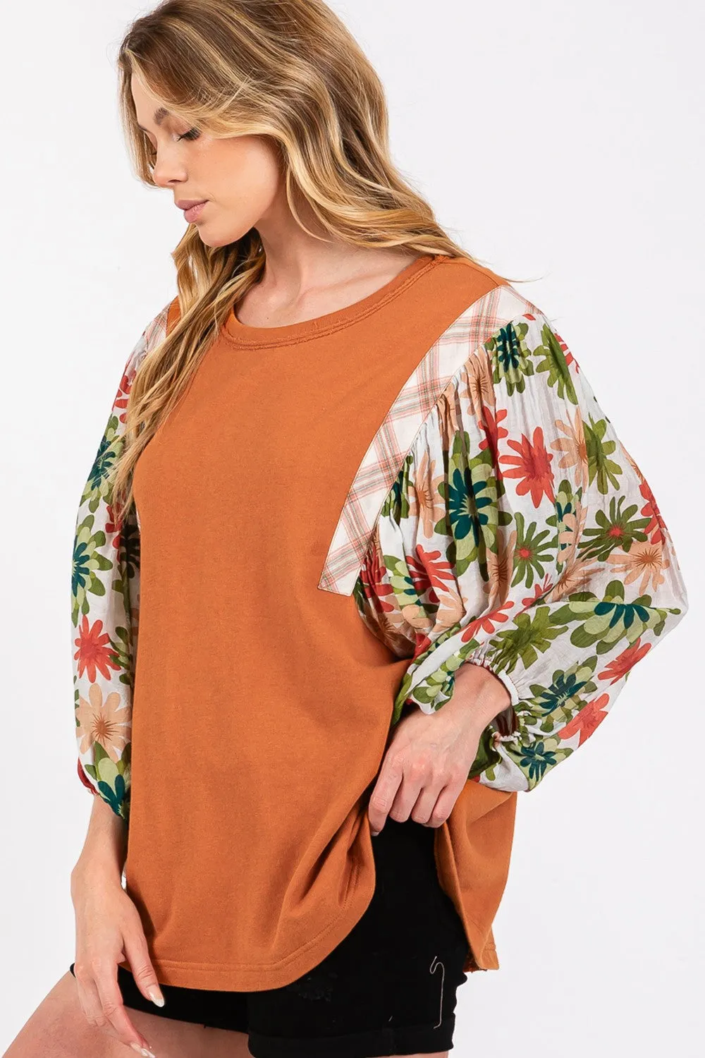 SAGE   FIG Full Size Printed Balloon Sleeve Contrast Top