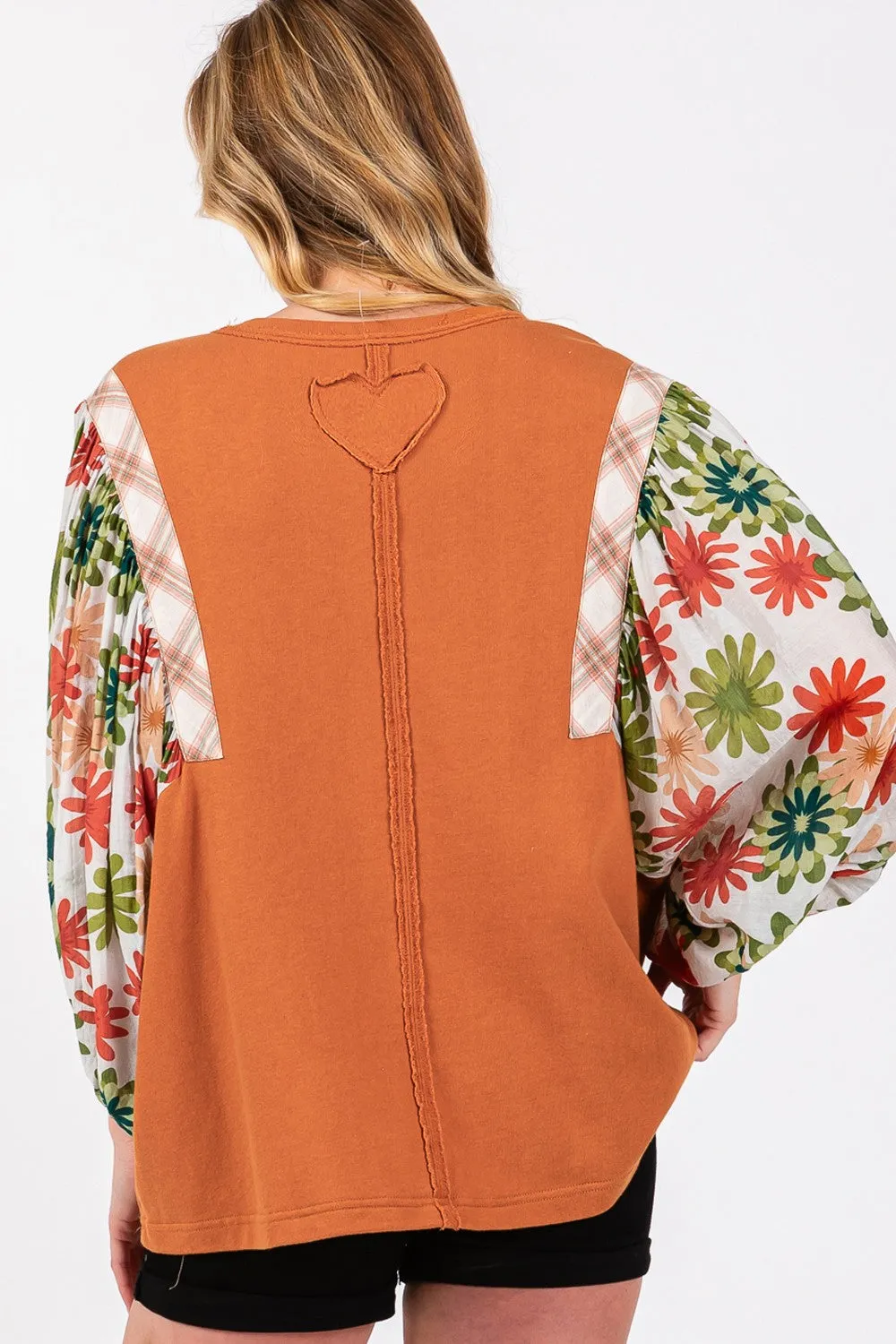 SAGE   FIG Full Size Printed Balloon Sleeve Contrast Top