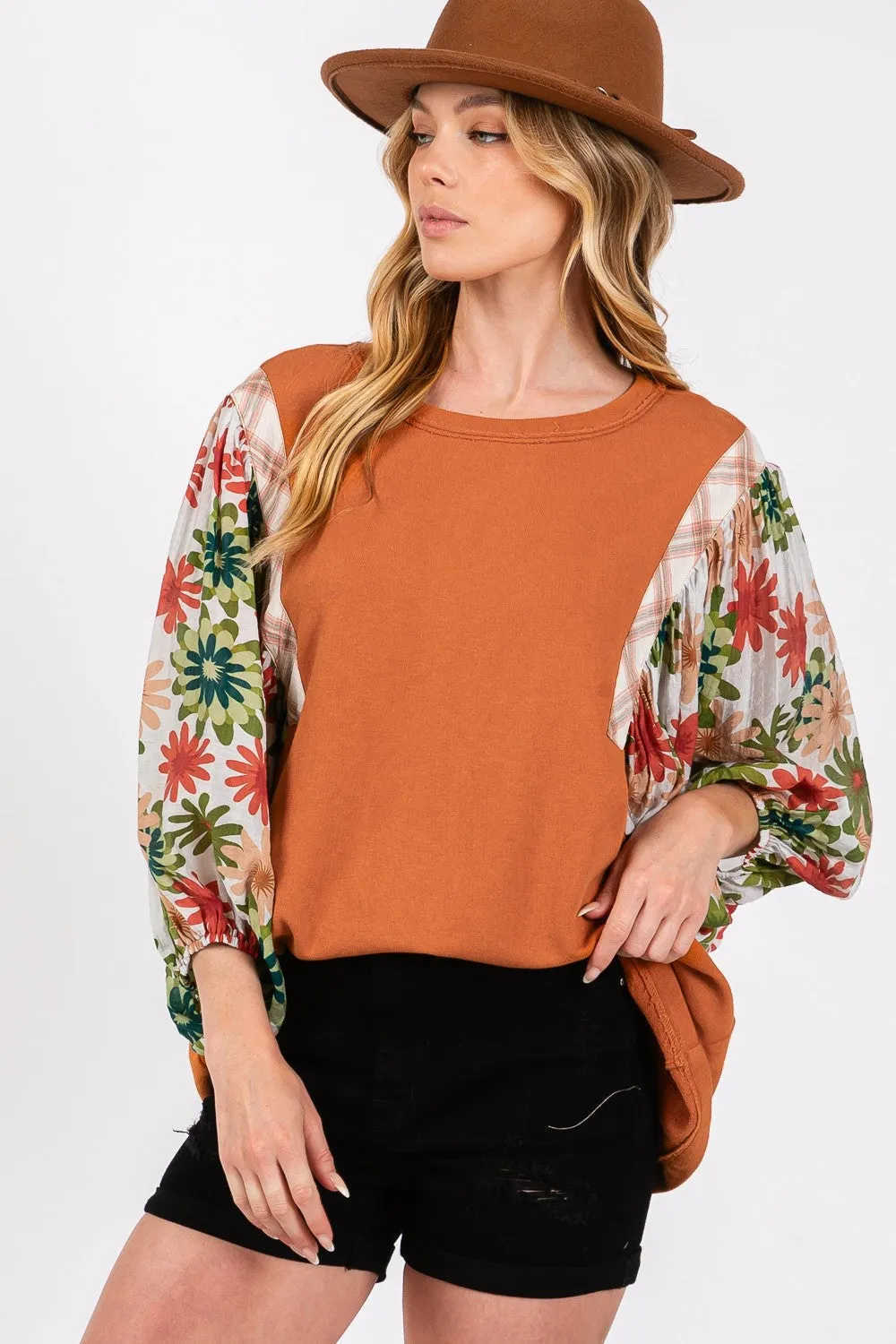 SAGE   FIG Full Size Printed Balloon Sleeve Contrast Top