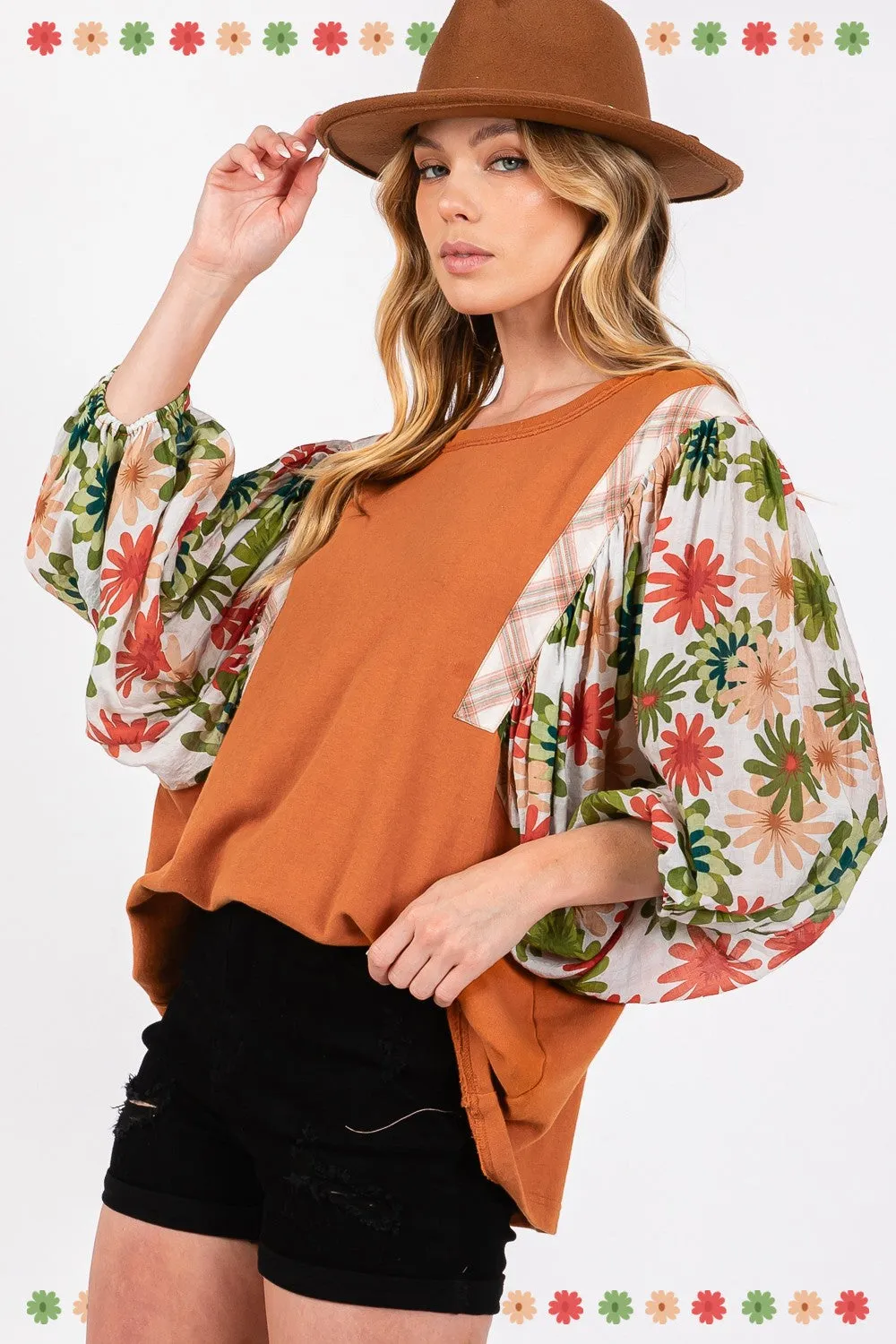 SAGE   FIG Full Size Printed Balloon Sleeve Contrast Top