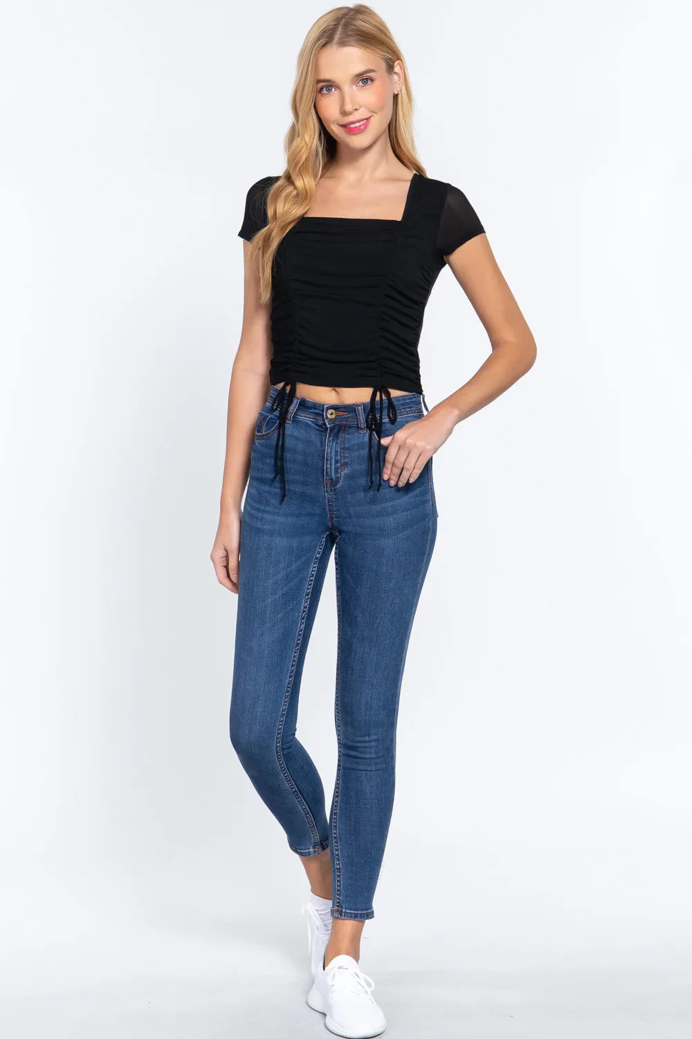 Short Slv Shirring Mesh Knit Top