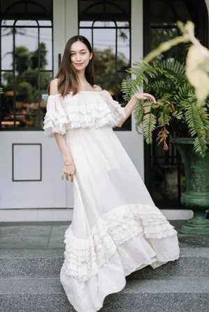 SHOULDER RUFFLE COTTON MAXI DRESS ZEPHYR