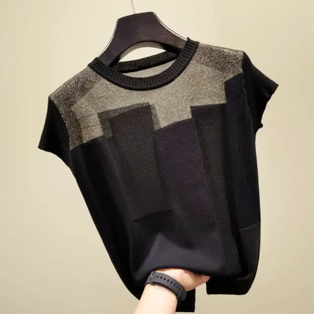 Silk Knitted Sweater Ice Patchwork | Women Stripe Sweater | Crew Neck Sweater | Short Sleeve Pullover | Women Soft Sweater | Woman jumper