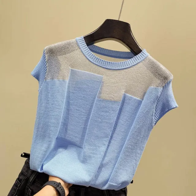 Silk Knitted Sweater Ice Patchwork | Women Stripe Sweater | Crew Neck Sweater | Short Sleeve Pullover | Women Soft Sweater | Woman jumper