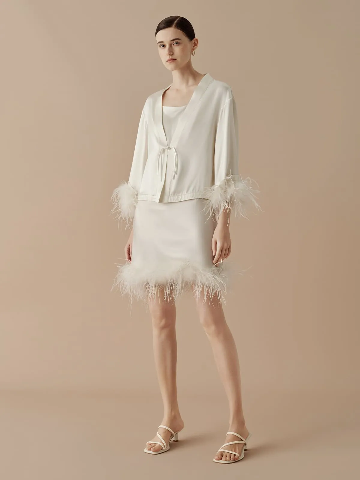 SILKINC Cropped Silk Jacket with Feather Trim