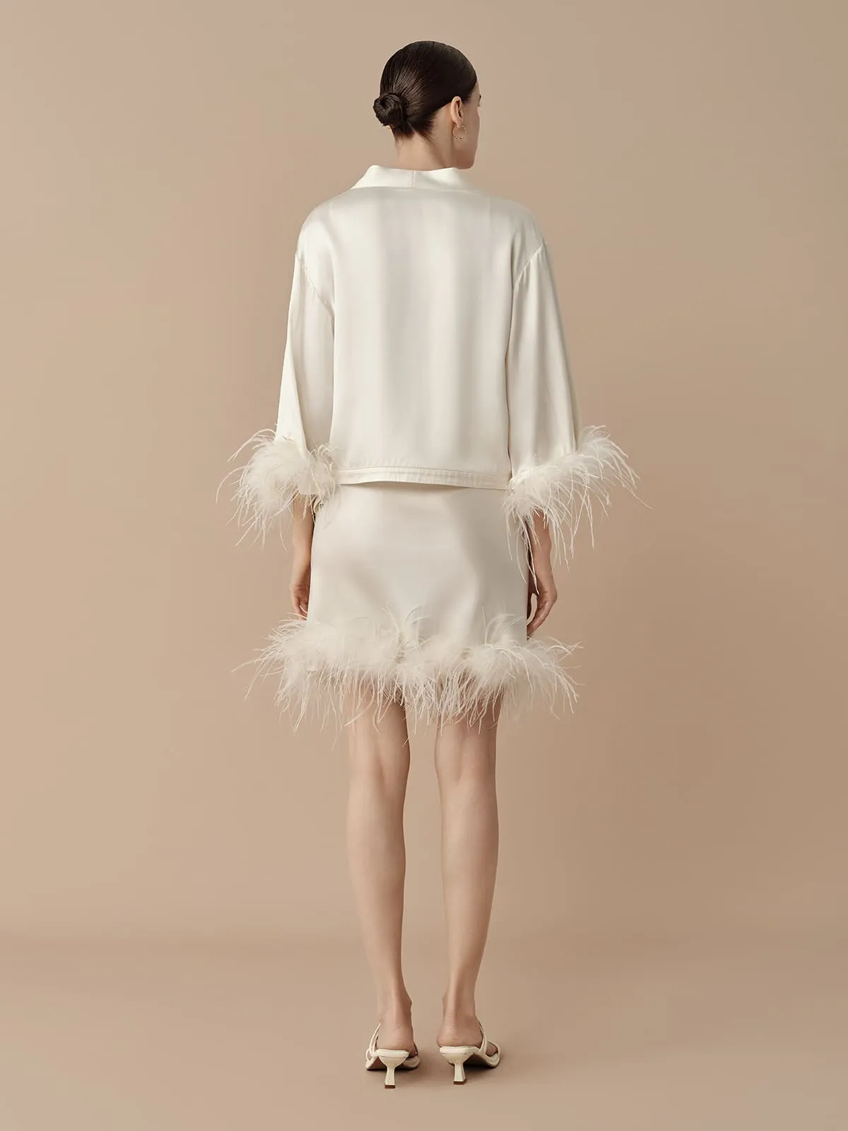 SILKINC Cropped Silk Jacket with Feather Trim