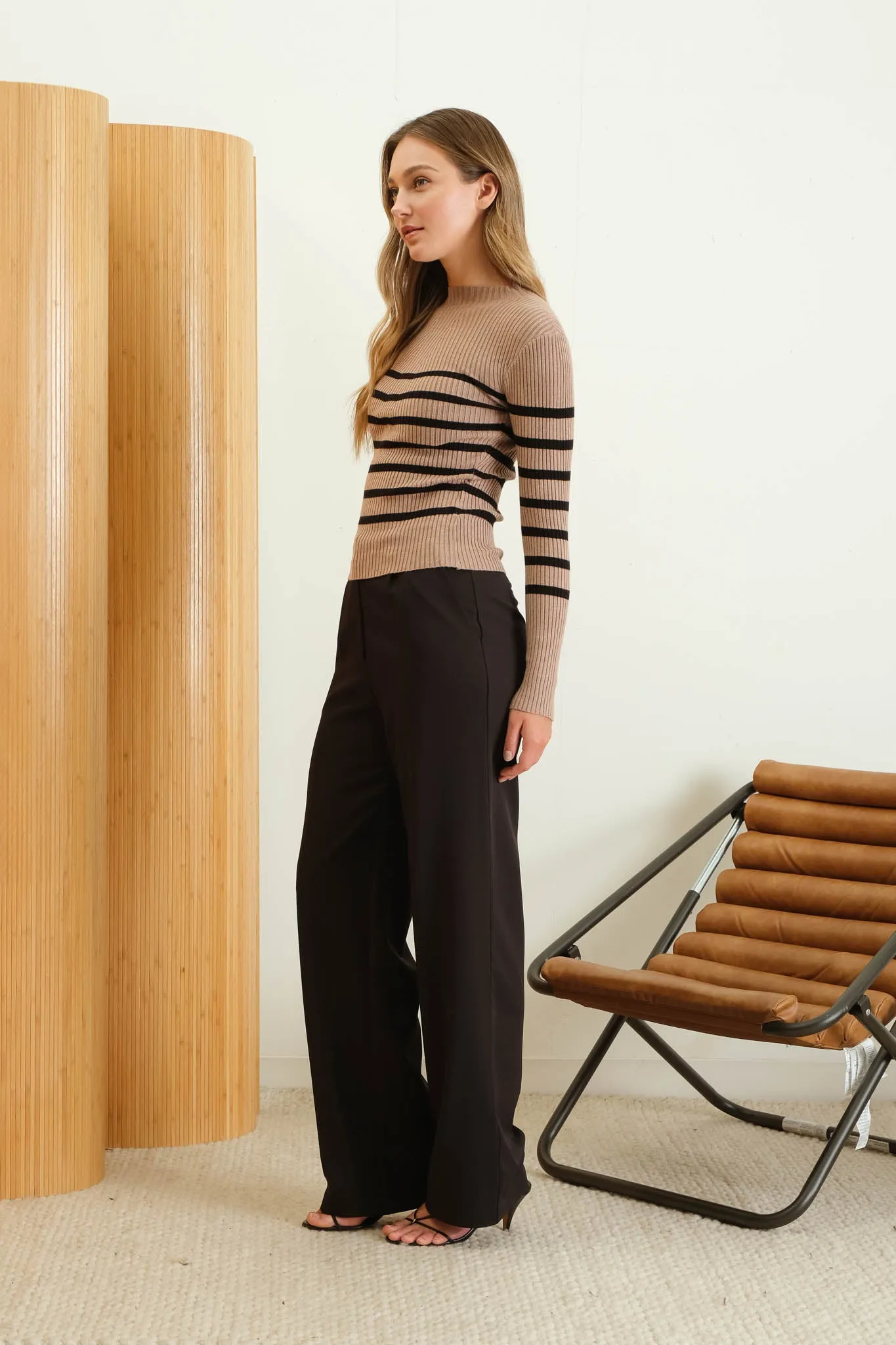 STRIPE MOCK NECK LONG SLEEVE KNIT SWEATER