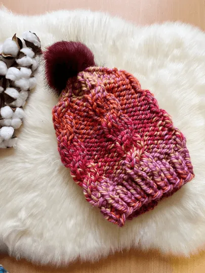 Super chunky faux fur pompom slouchy hat | knit cable winter beanie | cozy warm knit hat | blue red pink colour hat