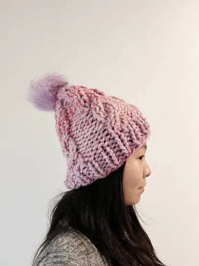 Super chunky faux fur pompom slouchy hat | knit cable winter beanie | cozy warm knit hat | blue red pink colour hat