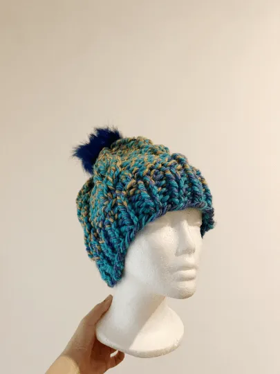 Super chunky faux fur pompom slouchy hat | knit cable winter beanie | cozy warm knit hat | blue red pink colour hat