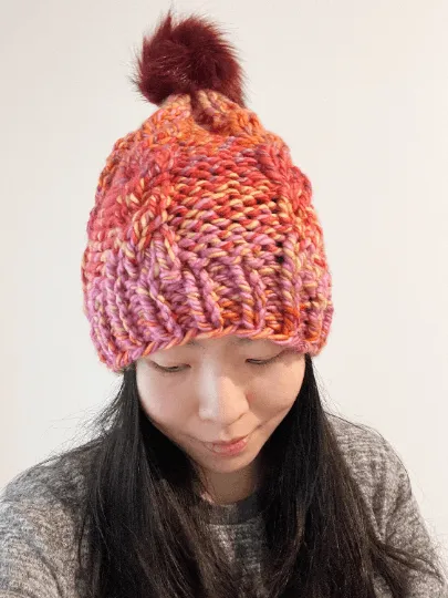 Super chunky faux fur pompom slouchy hat | knit cable winter beanie | cozy warm knit hat | blue red pink colour hat