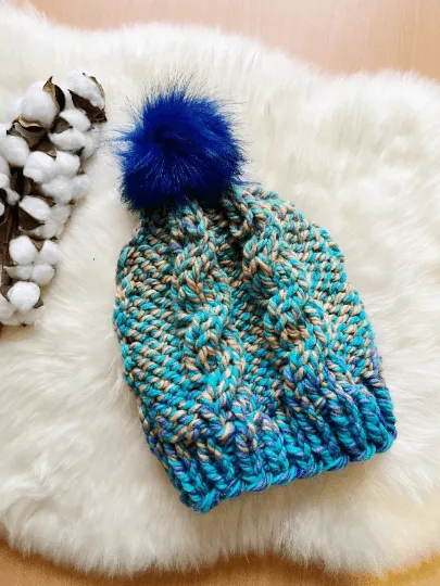 Super chunky faux fur pompom slouchy hat | knit cable winter beanie | cozy warm knit hat | blue red pink colour hat