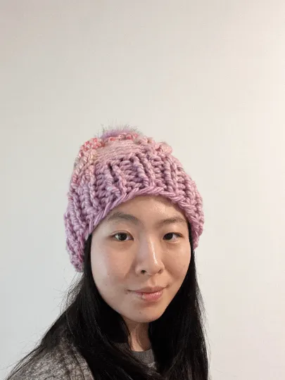Super chunky faux fur pompom slouchy hat | knit cable winter beanie | cozy warm knit hat | blue red pink colour hat
