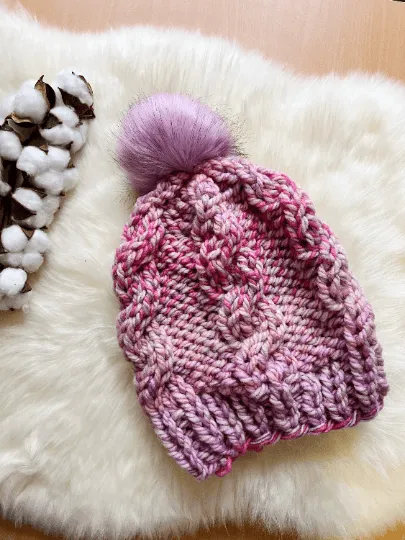 Super chunky faux fur pompom slouchy hat | knit cable winter beanie | cozy warm knit hat | blue red pink colour hat