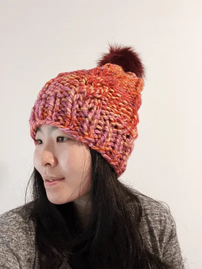 Super chunky faux fur pompom slouchy hat | knit cable winter beanie | cozy warm knit hat | blue red pink colour hat