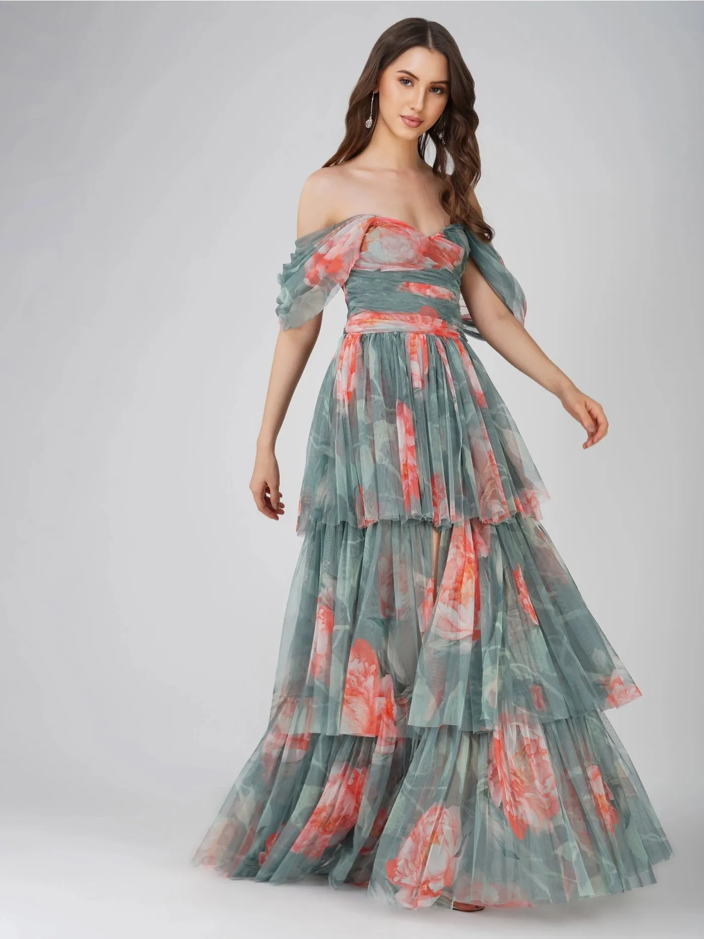 Sydney Tulle Maxi Dress in Sage Green Floral