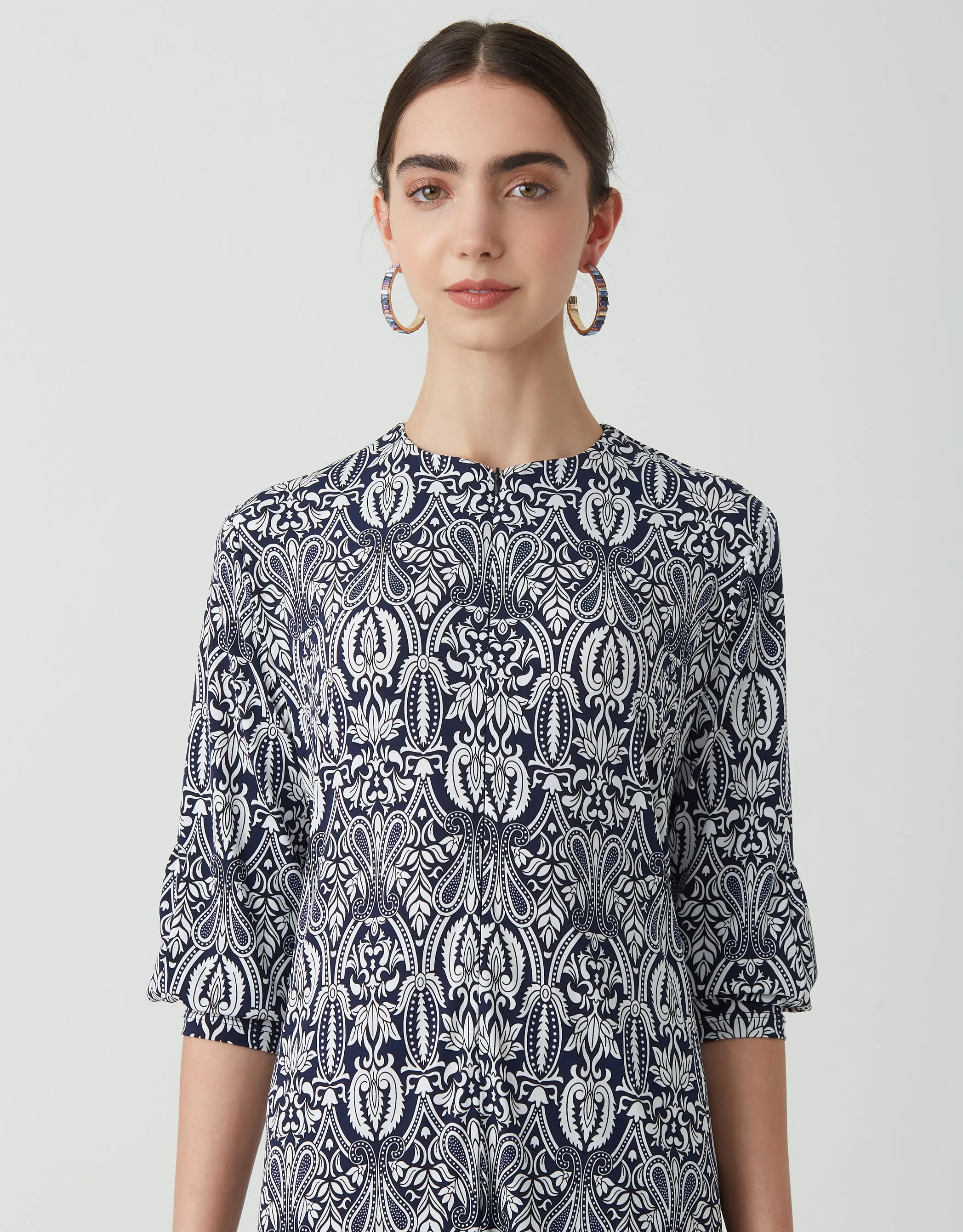 Tall Cuff Zip Front Maxi Dress Shabbos Robe Paisley Leaves blue White