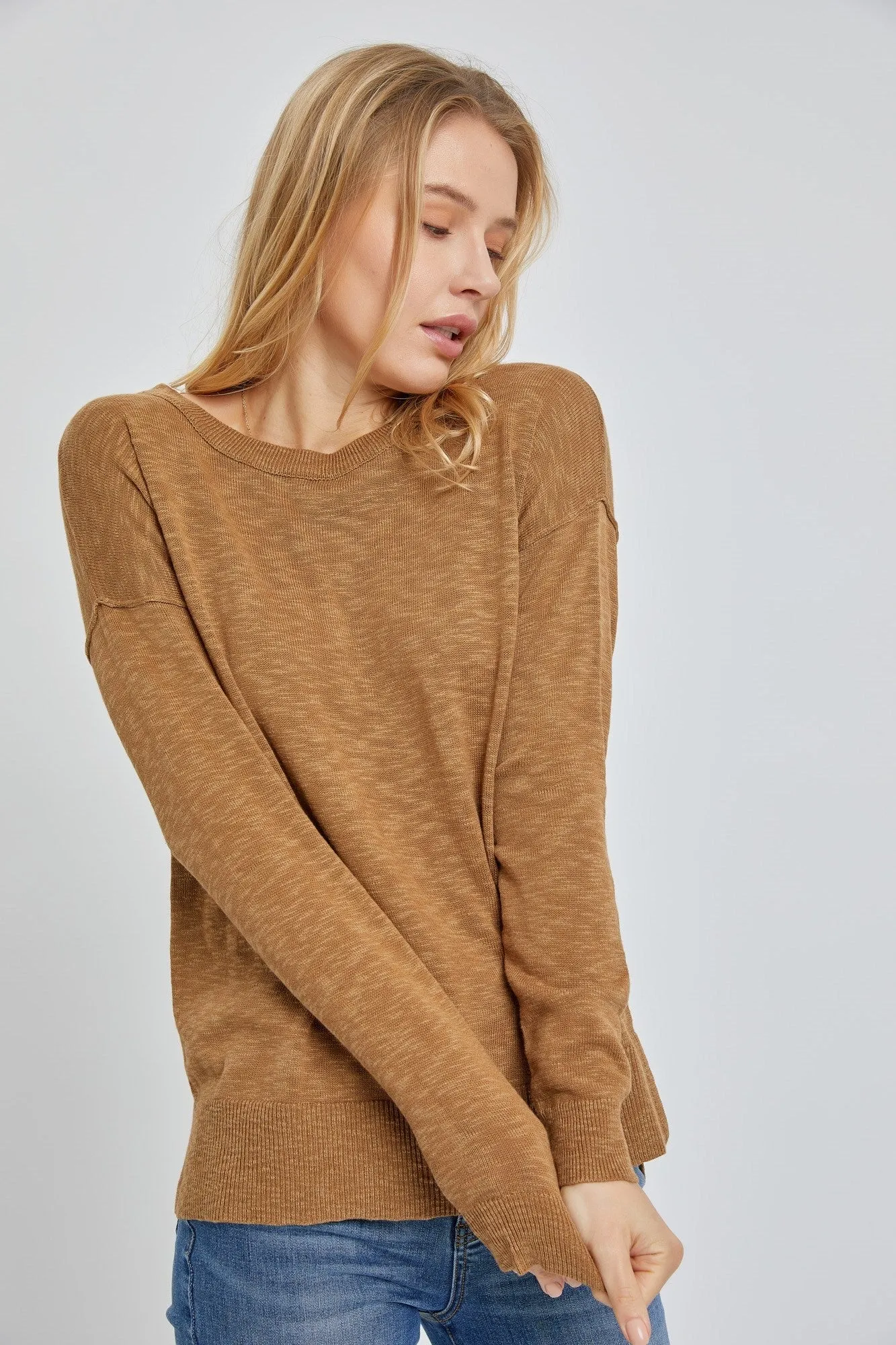 Toffee Round Neck Hacci Sweater Top