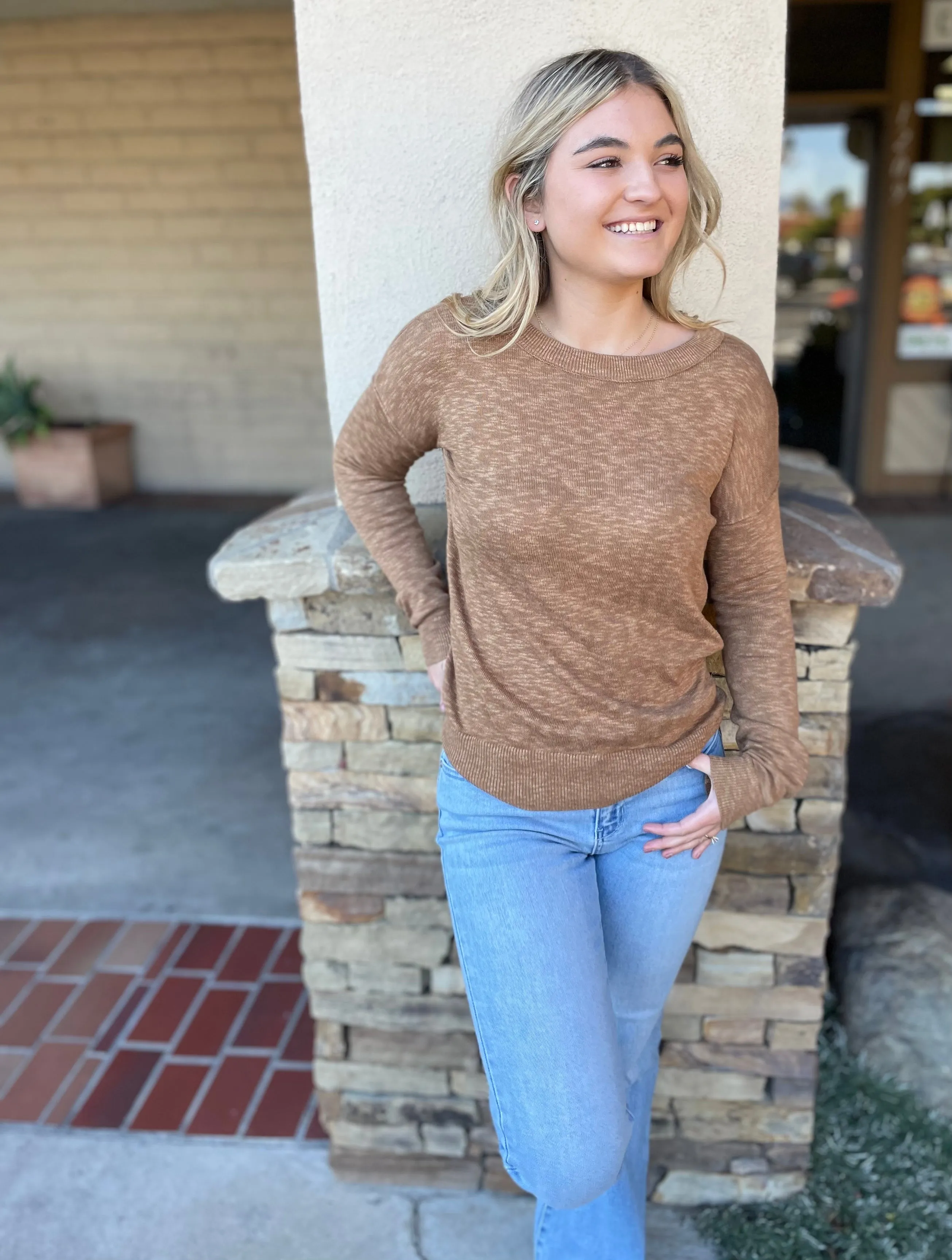Toffee Round Neck Hacci Sweater Top
