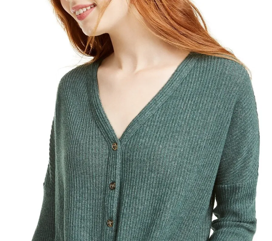 Ultra Flirt Juniors' Cozy Ribbed Tie-Front Top Green Size Small