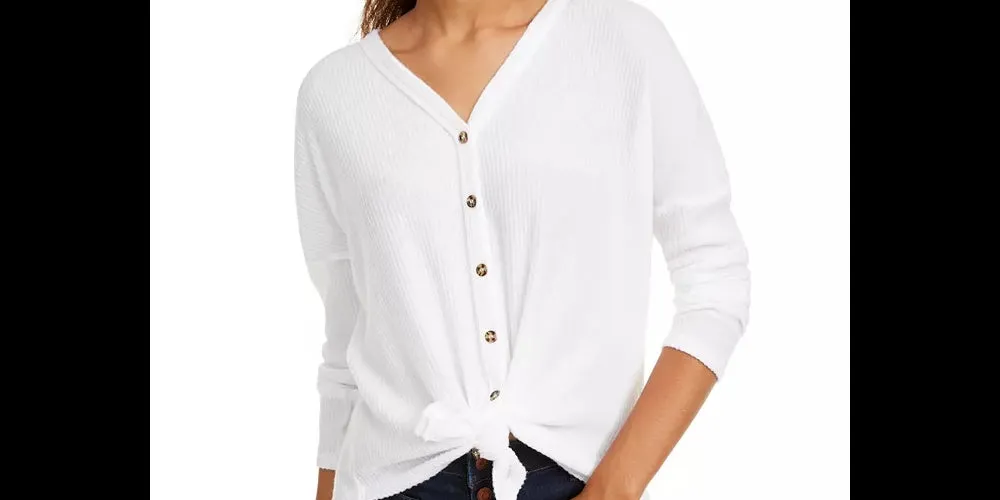 Ultra Flirt Juniors' Cozy Ribbed Tie-Front Top White Size Medium
