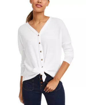 Ultra Flirt Juniors' Cozy Ribbed Tie-Front Top White Size Medium