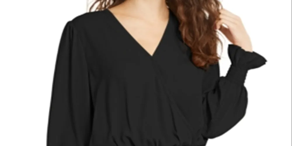 Ultra Flirt Junior's Long Sleeve V Neck Blouse Black Size Small