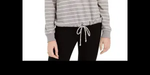 Ultra Flirt Juniors' Striped Drawstring-Hem Top  Gray Size Large