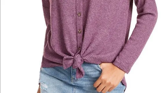 Ultra Flirt Juniors Women's Cozy Ribbed Tie-Front Top Purple Size Extra Large