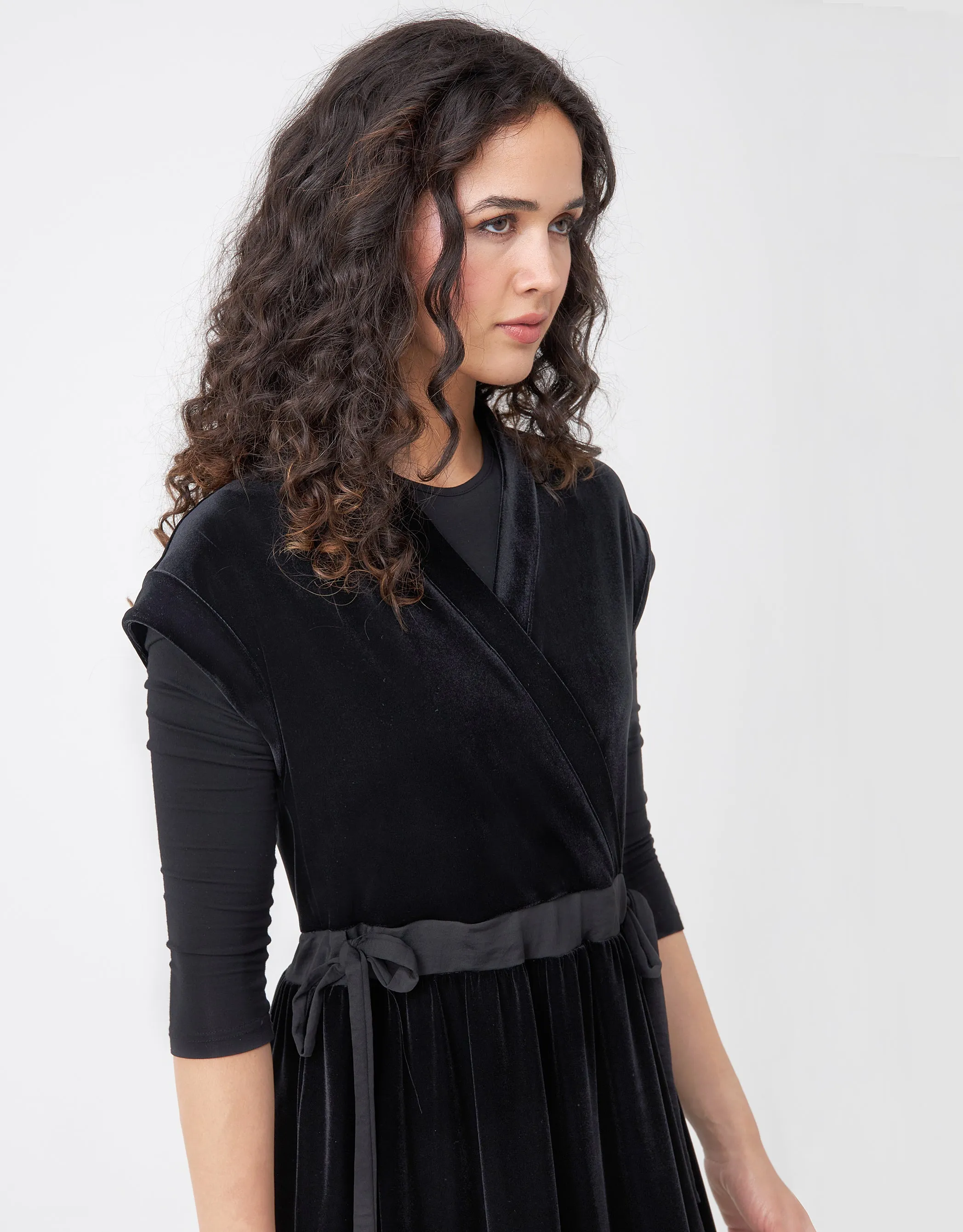 Velvet Mock Wrap Maxi Jumper Shabbos Robe with Tonal Drawstring Bows