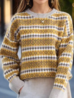 Vintage Round Neck Tribal Jacquard Pullover Sweater
