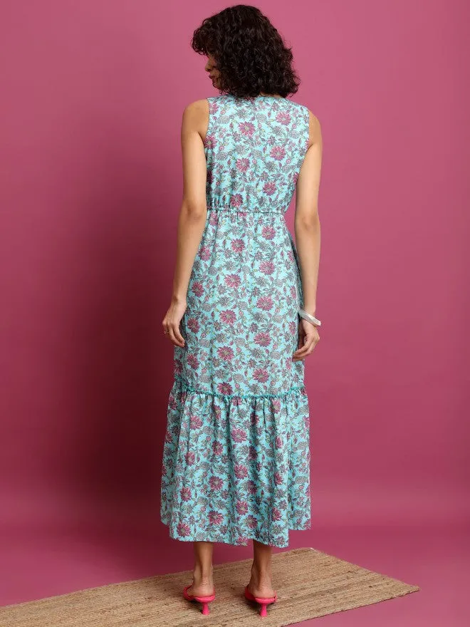Women Blue Printed Drop-Waist Dress