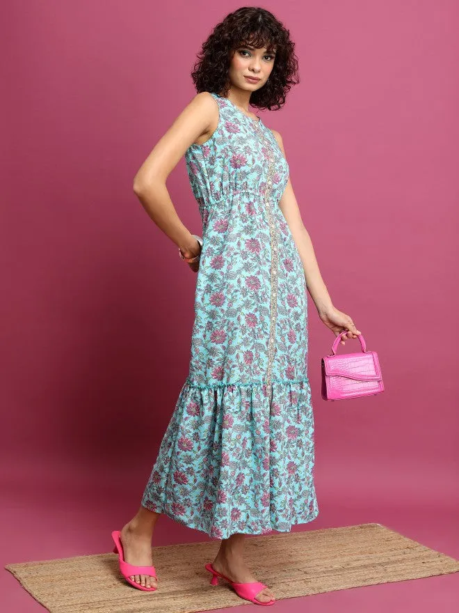 Women Blue Printed Drop-Waist Dress
