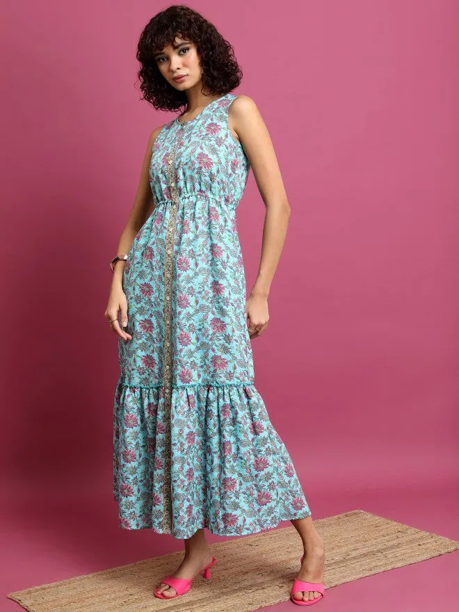 Women Blue Printed Drop-Waist Dress