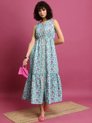 Women Blue Printed Drop-Waist Dress