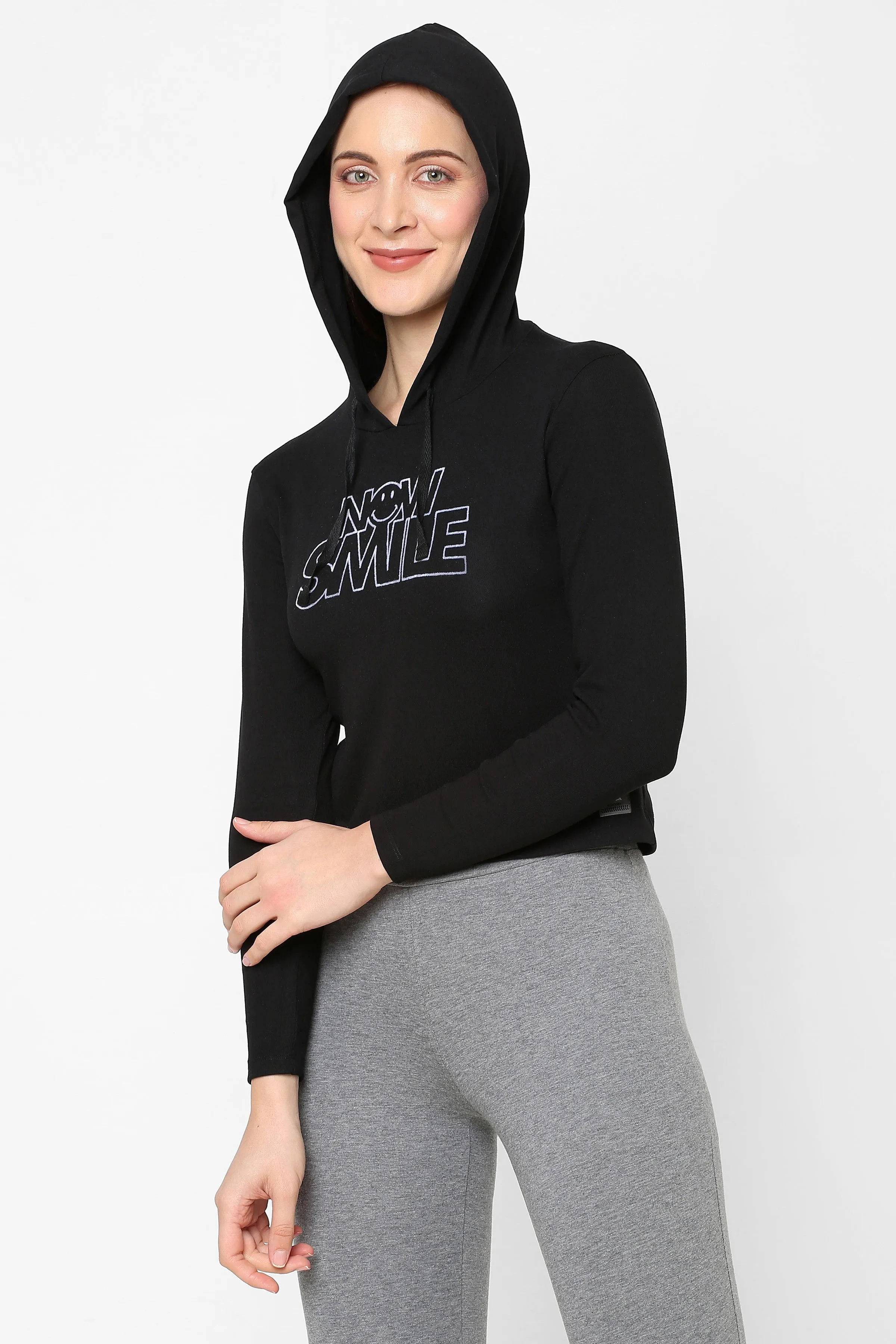 WOMEN PRINTED COTTON CROPPED HOODIE