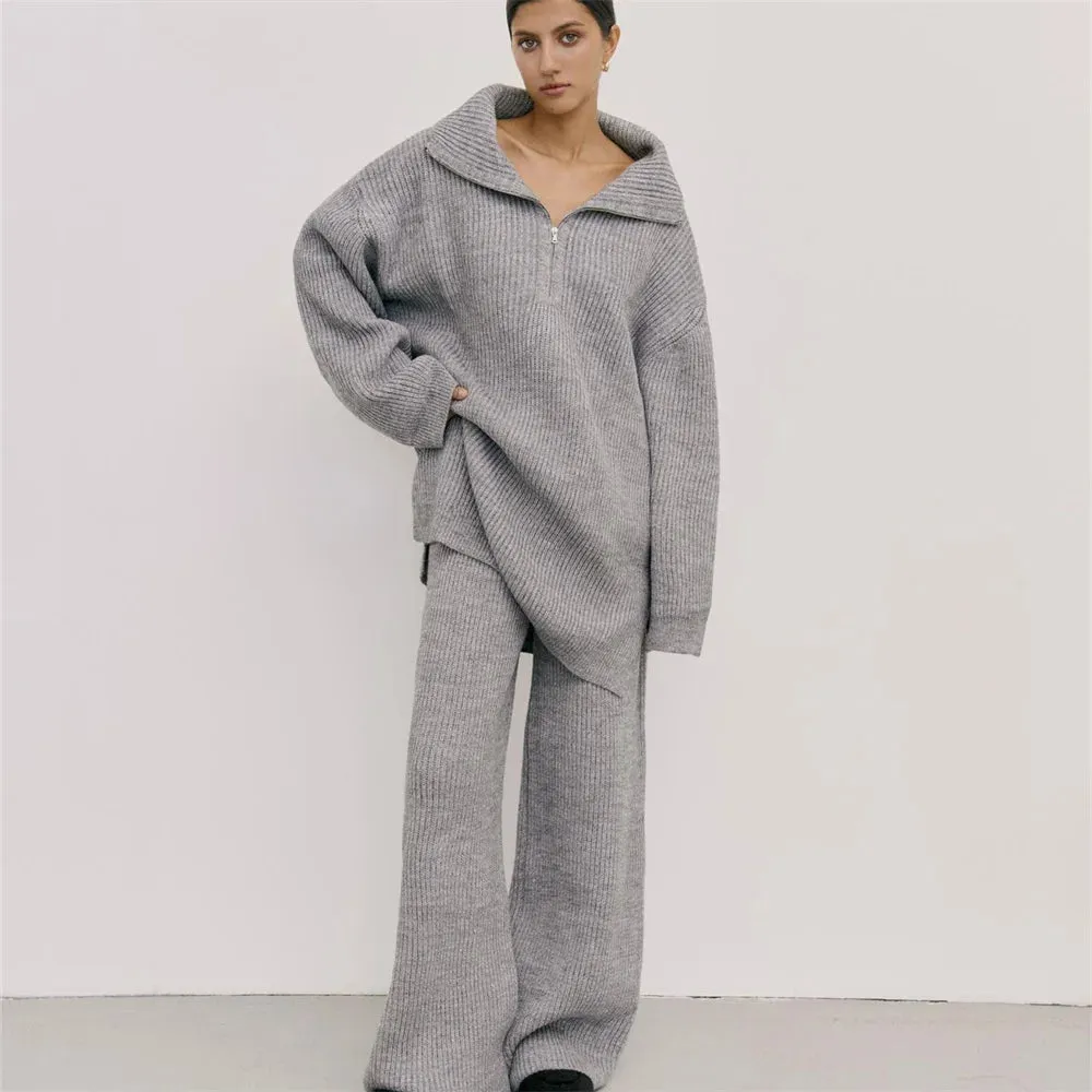 wool blend loose long sweater with matching knit wool trousers