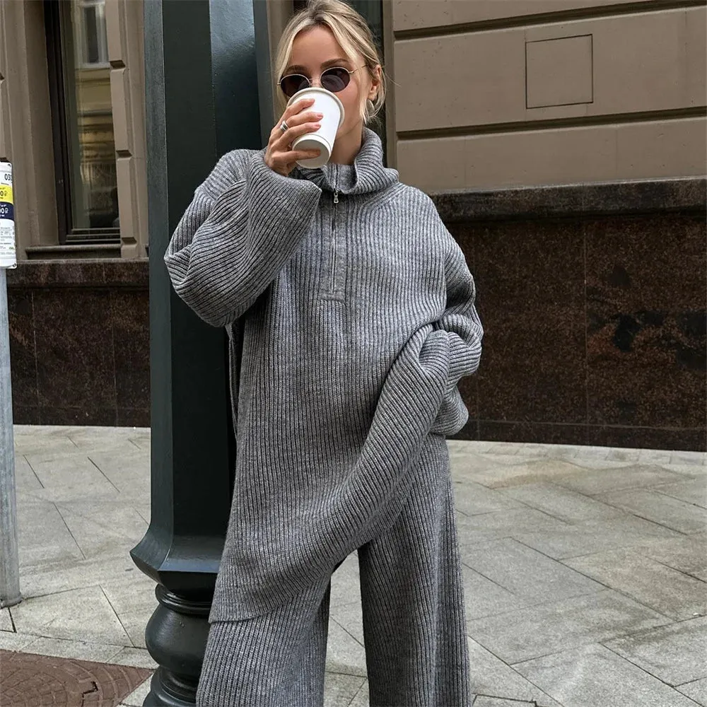 wool blend loose long sweater with matching knit wool trousers