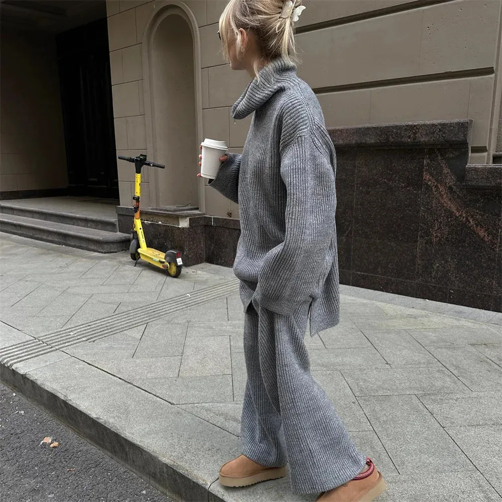 wool blend loose long sweater with matching knit wool trousers