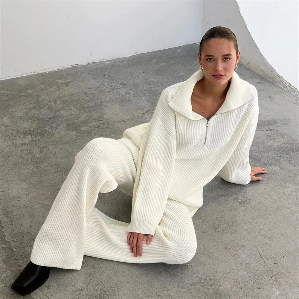 wool blend loose long sweater with matching knit wool trousers