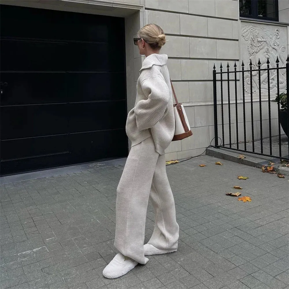 wool blend loose long sweater with matching knit wool trousers